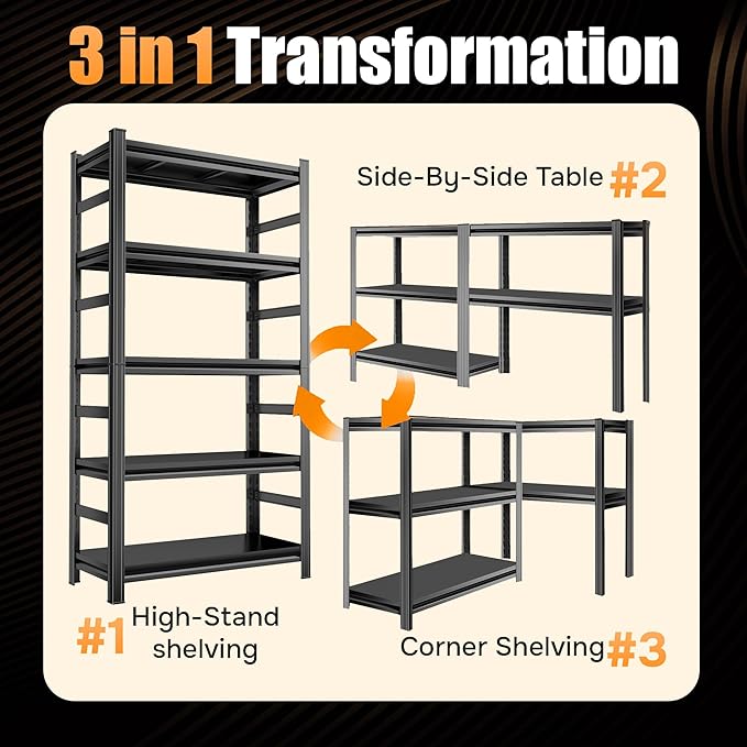 40" W x 71" H,5-Tier Metal Shelving Adjustable Kitchen Storage Rack Metal Storage Shelf Black Shelving Unit 2500LBS Shelvs for Kitchen Pantry Basement