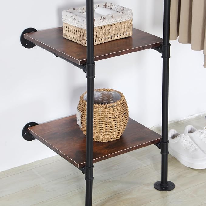 Industrial Pipe Clothing Rack with Shelves, 71inch Wall Mounted Closet Storage Racks,Hanging Clothes Retail Display Rack, Garment Racks with Shelves Closet Rods System