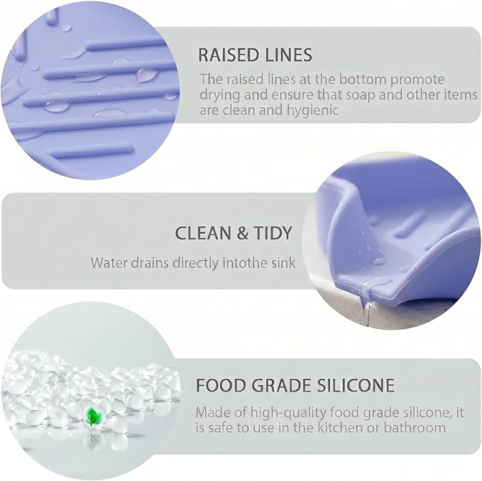 MicoYang Silicone Bathroom Soap Dishes with Drain Spout-Bathroom and Kitchen Sink Organizer,Sponge Holder,Dish Soap Tray,Perfect for Dispenser,Scrubber,Bottle on Sink or Counter-Light Purple 4.9"×3.2"