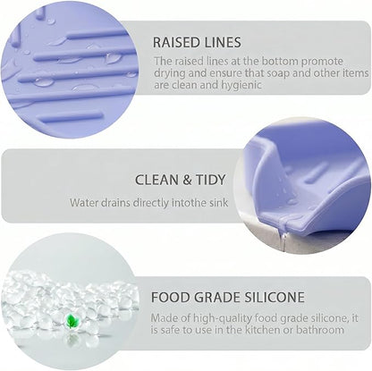 MicoYang Silicone Bathroom Soap Dishes with Drain Spout-Bathroom and Kitchen Sink Organizer,Sponge Holder,Dish Soap Tray,Perfect for Dispenser,Scrubber,Bottle on Sink or Counter-Light Purple 4.9"×3.2"