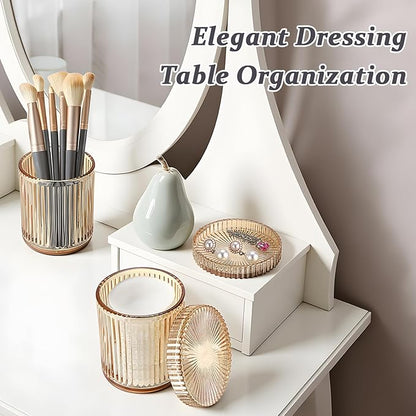 Hipiwe Glass Qtip Holder Dispenser 2 Pack Q-tip Apothecary Jars Cotton Swabs Organizers and Storage Bathroom Canister with Lid Vanity Makeup Organizer for Cotton Balls, Pads, Floss Picks, Amber