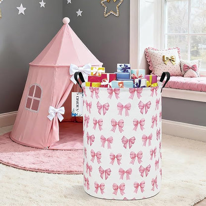 Kids Laundry Hamper,Pink Bow Themed Laundry Basket for Girls,Cute Coquette Aesthetic Collapsible Fabric Organizer with Handles for Bedroom Nursery Playroom
