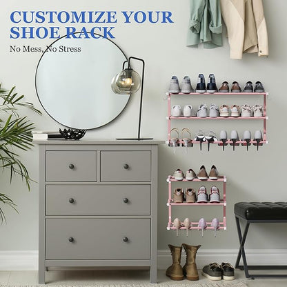 Wall Mounted Shoe Rack, 3 Tier Hanging Shoe Rack Holds 12 Pairs, 17"-30" Adjustable Heavy Duty Metal Shoe Organizer Holder with 2 Storage Hooks, Space Saving for Closet Entryway Doorway（Pink