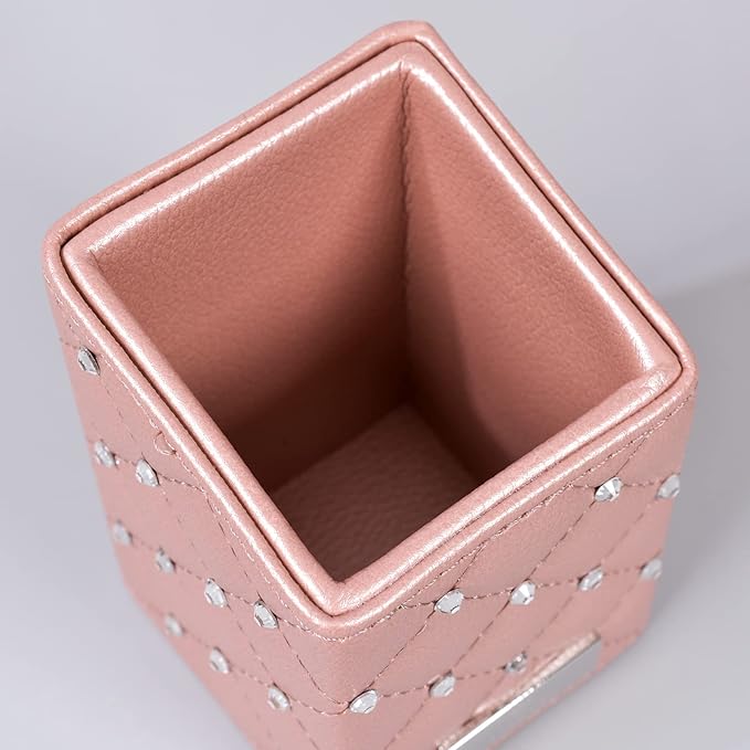 LORYP Crystal Makeup Brush Holder Rhinestone and PU Makeup Brush Organizer Handmade Cosmetic Brush Storage for Dresser Vanity Countertop (Rose Gold)