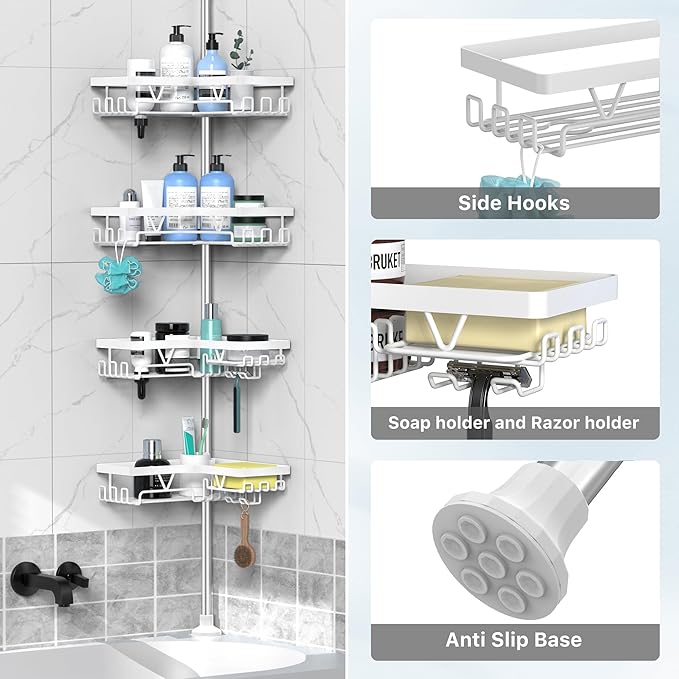 DAOYA Shower Caddy Tension Pole Corner - Stainless Steel Bathroom Organizer White Tension Rod Shower Shelves for Tub(22-114.2inch), Renter Friendly