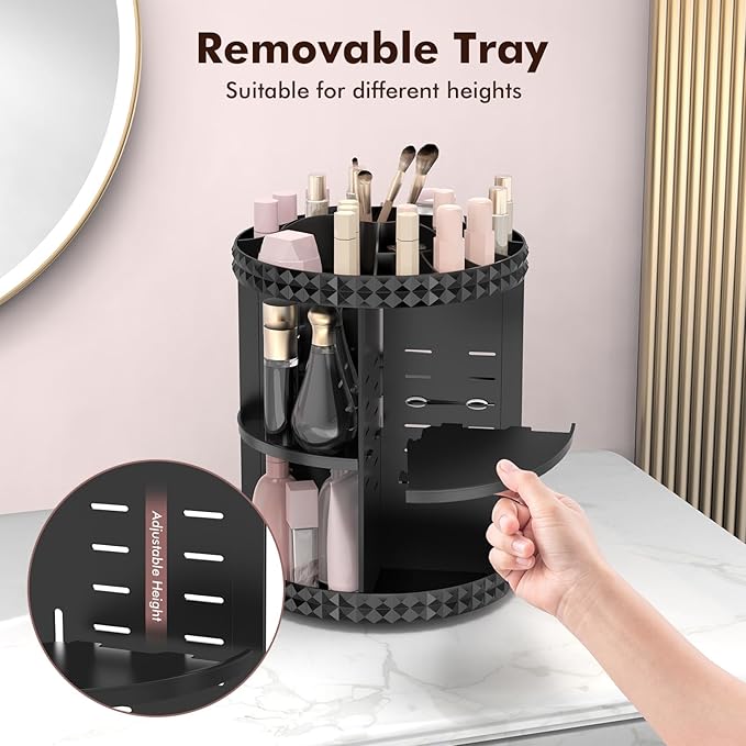 Rotating Makeup Organizer, 360° Spinning Skincare Organizers, Adjustable Layer Cosmetic Storage Lazy Susan Makeup Organizers for Dresser Bathroom, Medium, Black