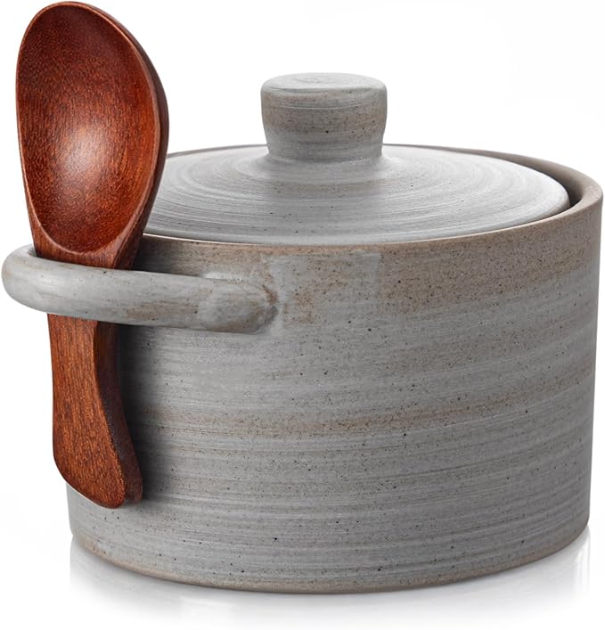 Honeydak Speckled Ceramic Salt Cellar with Lid and Wooden Spoon, Rustic Farmhouse Salt Pepper Cellar Holder for Mothers Day, Housewarming Gift, Heavyweight Spices Jar(Threaded Gray,1 Set)