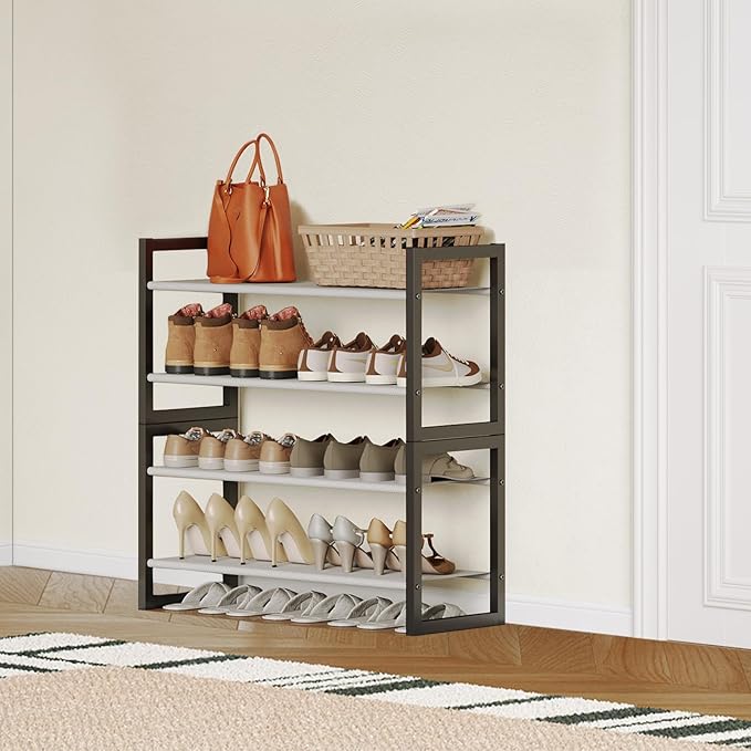 4-Tier Shoe Rack for Closet & Entryway, Stackable Shoe Organizer with Screw-Fastened Metal Frame, Less Wobble Design, Heel-Friendly Non-Woven Shelves, 11.8" Deep Space-Saving Shoe Storage Black