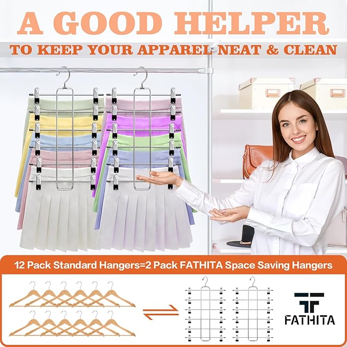 6-Tier Space Saving Pants Hangers with Clips, Multi-Functional Skirt & Jean Organizer for Small Closets, Dorm Room Essentials, 2 Pack Metal Clothes Storage