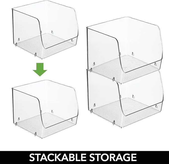 mDesign Modern Stackable Plastic Open Front Dip Storage Organizer Bin Basket for Kitchen Organization - Shelf, Cupboard, Cabinet, and Pantry Organizing Decor - Ligne Collection - 4 Pack - Clear