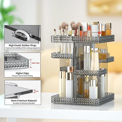 Rotating Makeup Organizer, Large Capacity Cosmetic Display Case, Acrylic Skincare Organizer with Makeup Brush, Makeup Storage Organizer for Dresser Countertop and Bathroom Vanity - Grey
