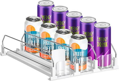 hanmir Drink Organizer for Fridge, Adjustable Width Soda Can Dispenser for Refrigerator Organizers and Storage, 3 Rows Beer Bottle Beverage Holder with Pusher Glide (14.96" D, White)