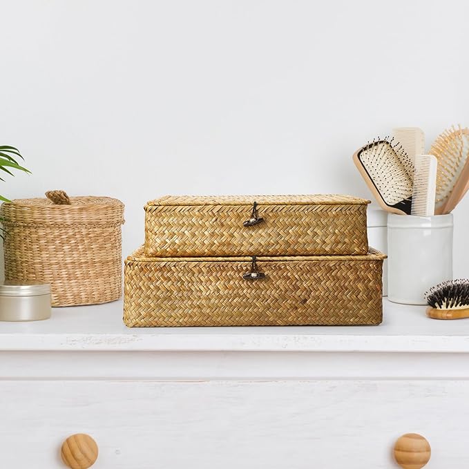 Didaey Set of 4 Seagrass Basket with Lid Wicker Storage Basket Decorative Storage Boxes with Lids Flat Storage Bins Woven Organizer Baskets for Shelf Closet Bedroom, 4 Sizes (Yellow)