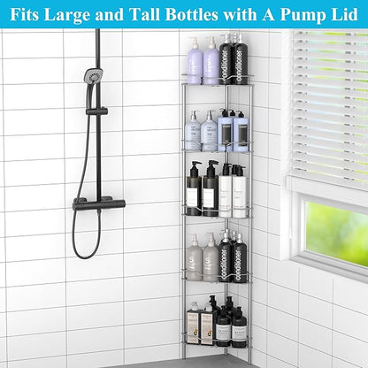 HuggieGems 5 Tier Floor Standing Corner Shower Caddy Organizer Shelf with Hooks, Bathroom Shelves Stand Rack, Gray