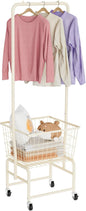 Rolling Laundry Cart with Wheels, Laundry Hamper Basket Organizer with Clothes Hanging Rack, Wire Storage Cloth Shelf Butler, Cream