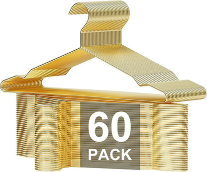 SPECILITE Metal Wire Clothes Hangers Bulk 60 Pack with Notches for Standard Size Coats, Shirts, Suits, Pants, Heavy Duty, Space-Saving, Gold