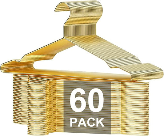 SPECILITE Metal Wire Clothes Hangers Bulk 60 Pack with Notches for Standard Size Coats, Shirts, Suits, Pants, Heavy Duty, Space-Saving, Gold