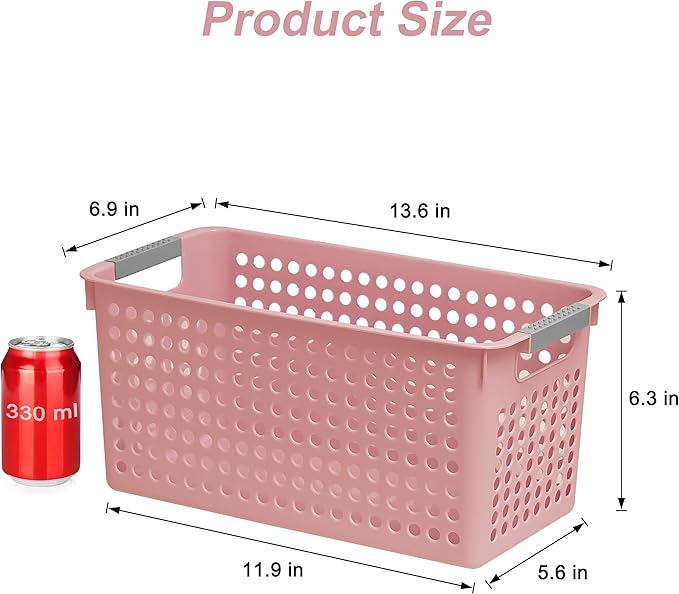 Soddeph Slim Plastic Storage Basket with Handles, Narrow Organizer box for Shelves, Organizer box for Organizing, Kitchen,Home,Office (Pink, Medium)