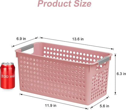 Soddeph Slim Plastic Storage Basket with Handles, Narrow Organizer box for Shelves, Organizer box for Organizing, Kitchen,Home,Office (Pink, Medium)