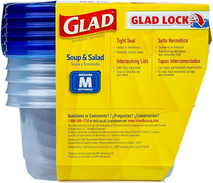 Glad GladWare Medium Rectangle Food Storage Containers with Lids, BPA Free Plastic for Soups Salads and Meal Prep, Airtight Leak Resistant, Microwave Dishwasher Freezer Safe, 24 Oz, 5 Count - 6 Pack