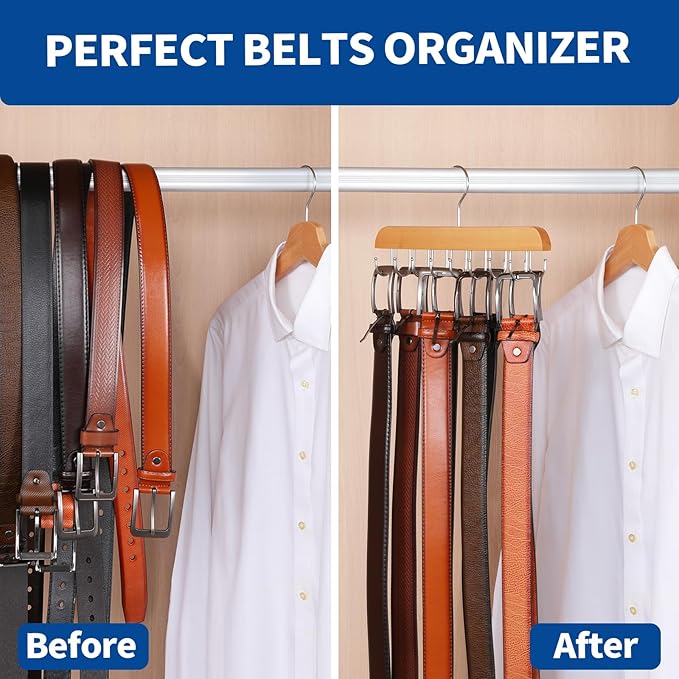 Belt Hanger for Closet, 2 Pack Closet Organizers and Storage Belt Rack Max 48 Belts, Multifunction Wooden Hanger Tie Rack