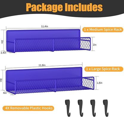 Magnetic Spice Rack for Refrigerator, 2 Pack 100% Metal Strong Magnet Shelf, Space Saving Spice Organizer W/ Hooks, Movable Magnetic Fridge Shelf, Kitchen Home Laundry Storage Organization,Purple Blue