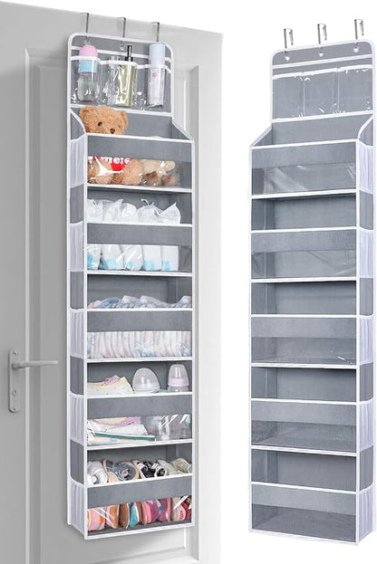 Over the Door Organizer Hanging Storage with 3 Clear Slip Pockets and 5 Large Pockets for Closet Door Organization - Heavy Duty for Bathroom, Pantry, Bedroom, Nursery