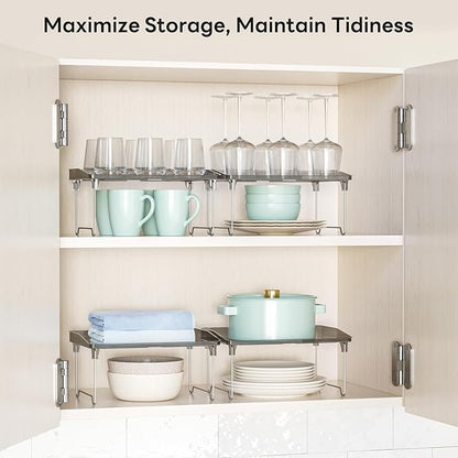 STARLATTA 2 Pcs Cabinet Organizer Shelf，Stackable Kitchen Counter Shelves, Spice Rack,Countertop Organizers，Black Plastic Storage Shelves Rack for Makeup，Bathroom, Cupboard，Desk，Pantry Organization