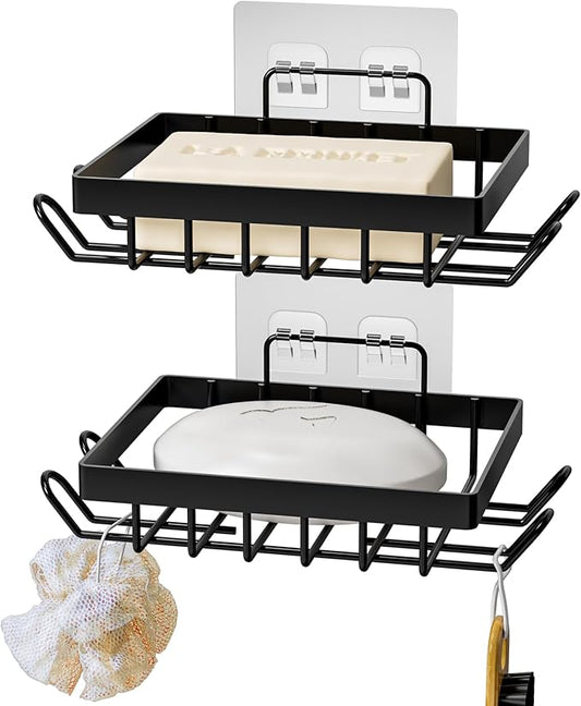 Vowupt Soap Bar Holder for Shower with 8 Hooks, Set of 2 Bar Soap Dish for Bathroom, Self Draining Shower Soaps Holder, Adhesive Soaps Saver Soap Tray Stand for Bathroom Accessories(Black)