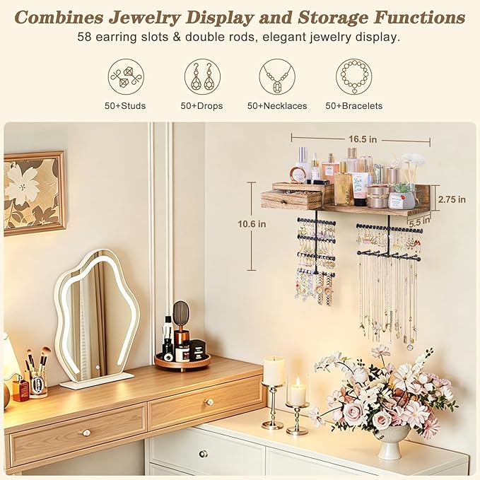 VINAEMO Jewelry Organizer Hanging Wall Mounted Jewelry Holder with Rustic Wood Drawer & Large Capacity Storage Shelf Rack Display for Earrings Rings Necklaces Bracelet