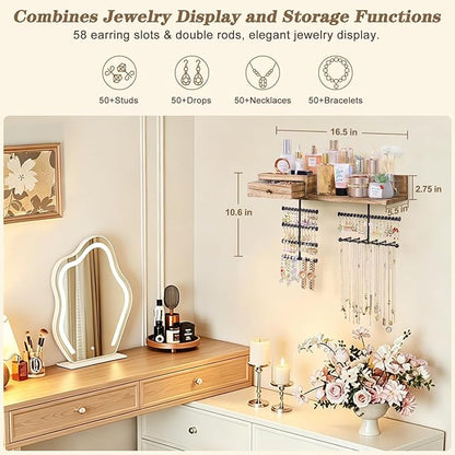 VINAEMO Jewelry Organizer Hanging Wall Mounted Jewelry Holder with Rustic Wood Drawer & Large Capacity Storage Shelf Rack Display for Earrings Rings Necklaces Bracelet
