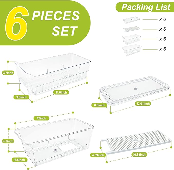 6-Pack Fridge Drawer Organizer, Pull-out Stackable Refrigerator Organizers and Storage, Clear Fruit Storage Containers Bins with Drain Tray for Kitchen Cabinet, Pantry Organization