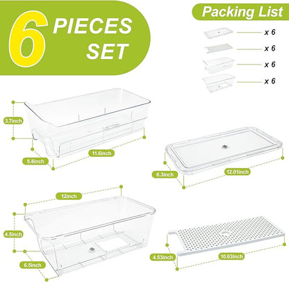 6-Pack Fridge Drawer Organizer, Pull-out Stackable Refrigerator Organizers and Storage, Clear Fruit Storage Containers Bins with Drain Tray for Kitchen Cabinet, Pantry Organization