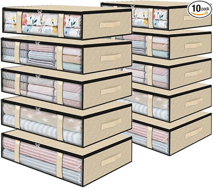 StorageRight Under Bed Storage Bags 10 Pack, 40L Large Clothes & Comforter Storage Containers with Clear Window, Breathable Fabric Organizer for Blankets, Bedding, Seasonal Clothing, Beige