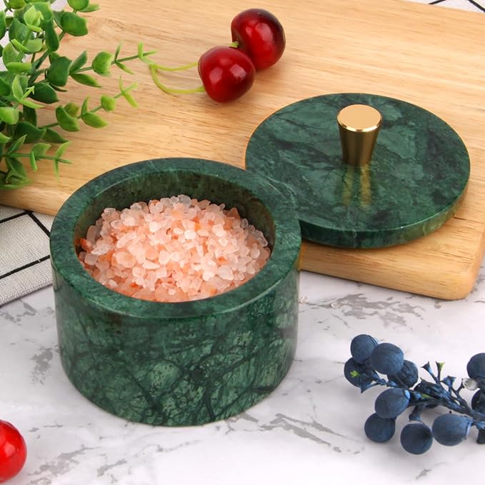 Marble Salt Cellar with Lid, 4 inch Natural Stone Salt Pepper Box, Alloy Lid for Kitchen Countertop Storage (Blackish Green, 4 * 3.5)