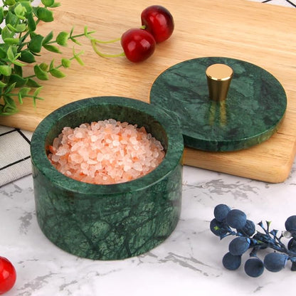Marble Salt Cellar with Lid, 4 inch Natural Stone Salt Pepper Box, Alloy Lid for Kitchen Countertop Storage (Blackish Green, 4 * 3.5)