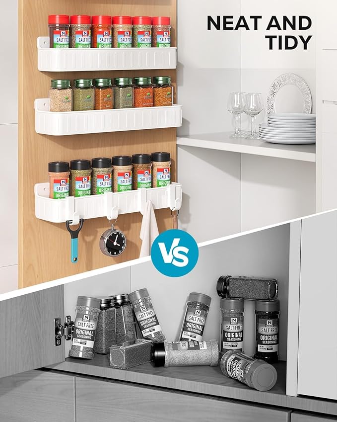 Nieifi Spice Rack Wall Mount, Spice Organizer for Spice Jars, Screw or Adhesive Hanging Organizer for Kitchen Cabinet or Pantry Door, 4 Pack, White, ABS Plastic