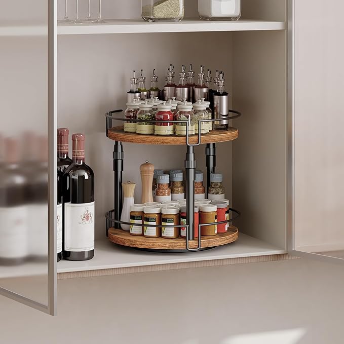 HOOBRO Lazy Susan Organizer Spice Rack, 2-Tier Height Adjustable Rotating Spice Organizer, for Kitchen Countertop and Cabinet, Rustic Brown BF05TL01