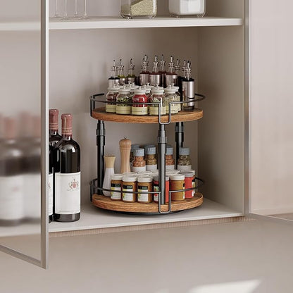 HOOBRO Lazy Susan Organizer Spice Rack, 2-Tier Height Adjustable Rotating Spice Organizer, for Kitchen Countertop and Cabinet, Rustic Brown BF05TL01