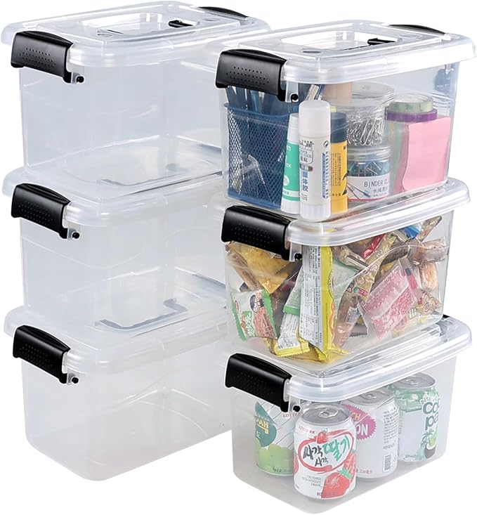 6 Quart Plastic Storage Box with Handle, Clear Latching Bin with Lids, 6 Packs
