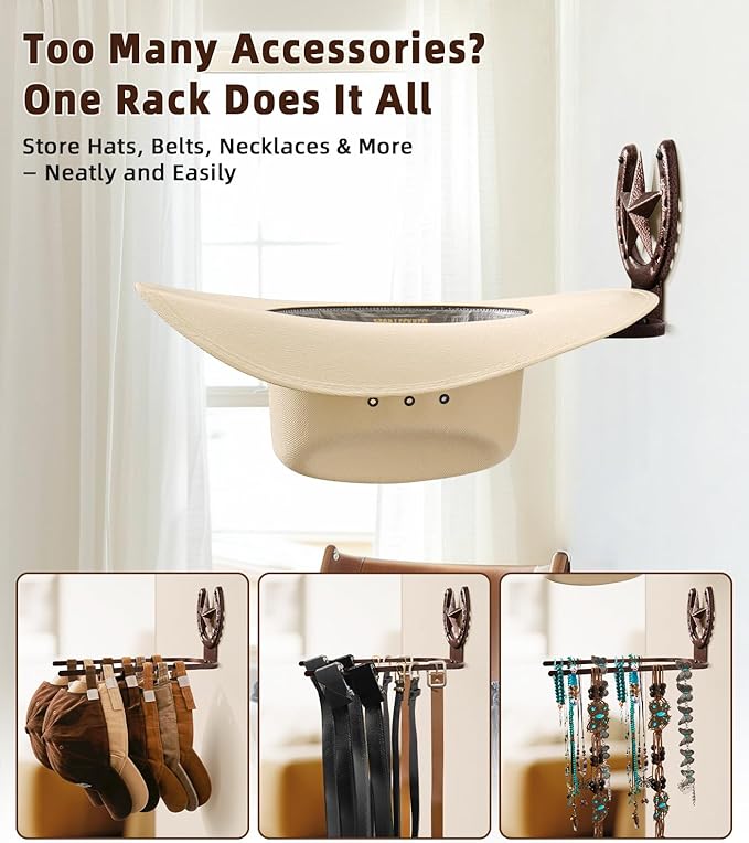 Cowboy Hat Rack Wall Mount,Cowboy Hat Holder for Wall,Western Home Decor,Hat Organizer for Caps,Rustic Horseshoe Star Metal Hat Hanger for Closet Horse Trailer Entryway Bedroom,4 Pack,Bronze