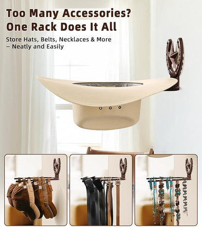 Cowboy Hat Rack Wall Mount,Cowboy Hat Holder for Wall,Western Home Decor,Hat Organizer for Caps,Rustic Horseshoe Star Metal Hat Hanger for Closet Horse Trailer Entryway Bedroom,4 Pack,Bronze