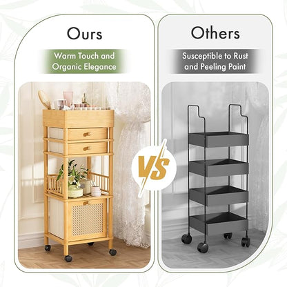 Amazer Bamboo Makeup Organizer Cart with 3 Drawers, Floor Skin Care Storage for Bathroom Bedroom, Rolling Vanity Organizer Cart for Cosmetic, Nail Polish, Perfume and Hair Tools