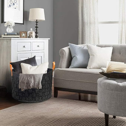 BOLDMONKEY Laundry Basket 20" x20 " x11.8 ", Large Round Blanket Basket with Leather Handle, Felt Storage Basket for Living Room, Nursery, Dog Toys-Dark Gray