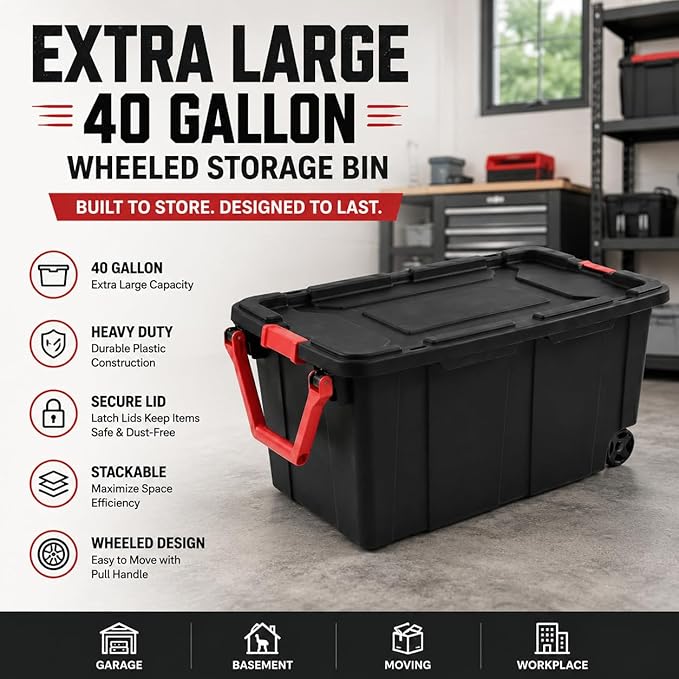 Extra Large 40 Gallon Wheeled Industrial Storage Bins, Heavy Duty Plastic Stackable Totes with Latch Lids and Pull Handle for Garage, Basement, and Moving, Black Box and Red Handle, 2 Pack