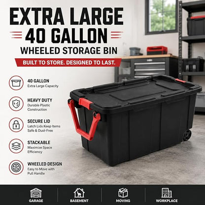 Extra Large 40 Gallon Wheeled Industrial Storage Bins, Heavy Duty Plastic Stackable Totes with Latch Lids and Pull Handle for Garage, Basement, and Moving, Black Box and Red Handle, 2 Pack