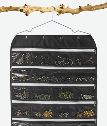 Hanging Jewelry Organizer with Zipper,Dual-Sided 56 Clear Pockets for Earrings Necklace Bracelet Ring Accessory Display (Grey)