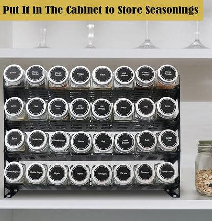 4 Tier Spice Rack Organizer with 32 Square Spice Jars and 160 Spice Labels Set for Kitchen Cabinet Countertop Pantry or Wall Mount, Matte Black