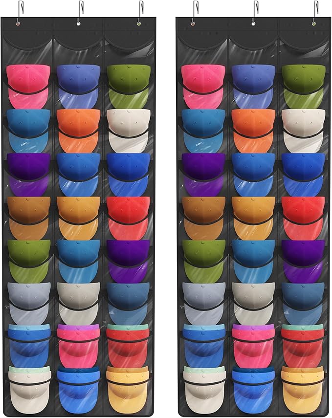 Lifewit Over The Door Hat Organizer for Baseball Caps, 27 Clear Deep Pockets Hat Rack Stand with 3 Hooks, Hanging Hat Storage, Cap Holder Hat Hanger for Protection and Display, 2 Pack