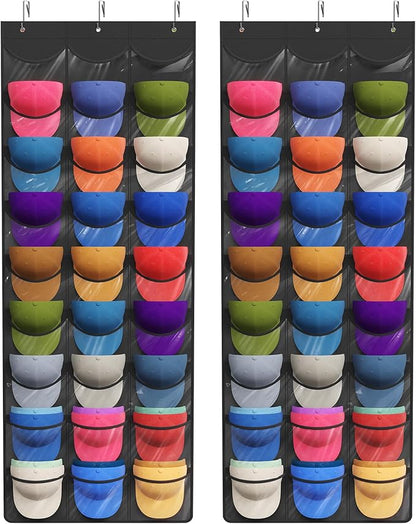 Lifewit Over The Door Hat Organizer for Baseball Caps, 27 Clear Deep Pockets Hat Rack Stand with 3 Hooks, Hanging Hat Storage, Cap Holder Hat Hanger for Protection and Display, 2 Pack